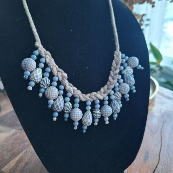 Braided Fringe Necklace‎ Gray Plastic 20 Inch Adjustable Boho Dangle - Picture 3 of 7